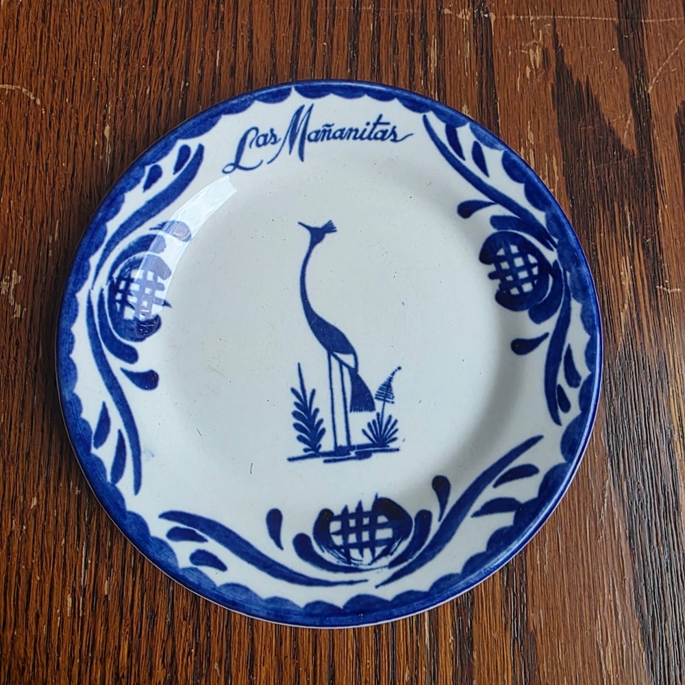 Vitreofora Las Mananitas Dinner Plate Crane Design Mexico Blue Glaze 5.5"